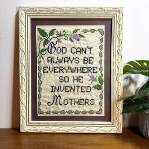 Vintage Mothers Cross Stitch Framed Artwork 14x16.5 inches Completed CottageCore